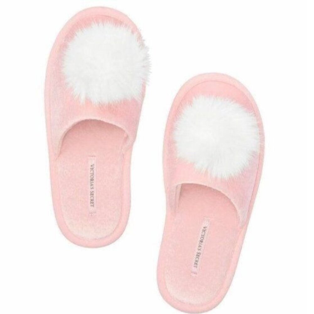 Victoria's Secret Slippers Pink Supermodel Pom Pom Cozy Fuzzy Fluffy 9-10 L NEW